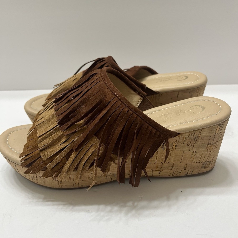 Comfort Fringe Platform Wedge Sandals Brown Suede Upper Cork Outsoles Women's 8M